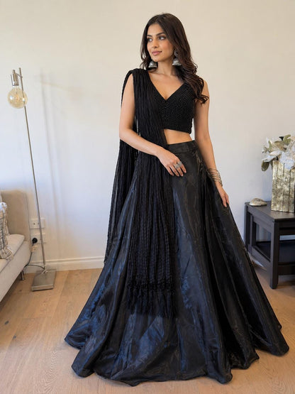 Black Beaded Indo-Western Lehenga Set