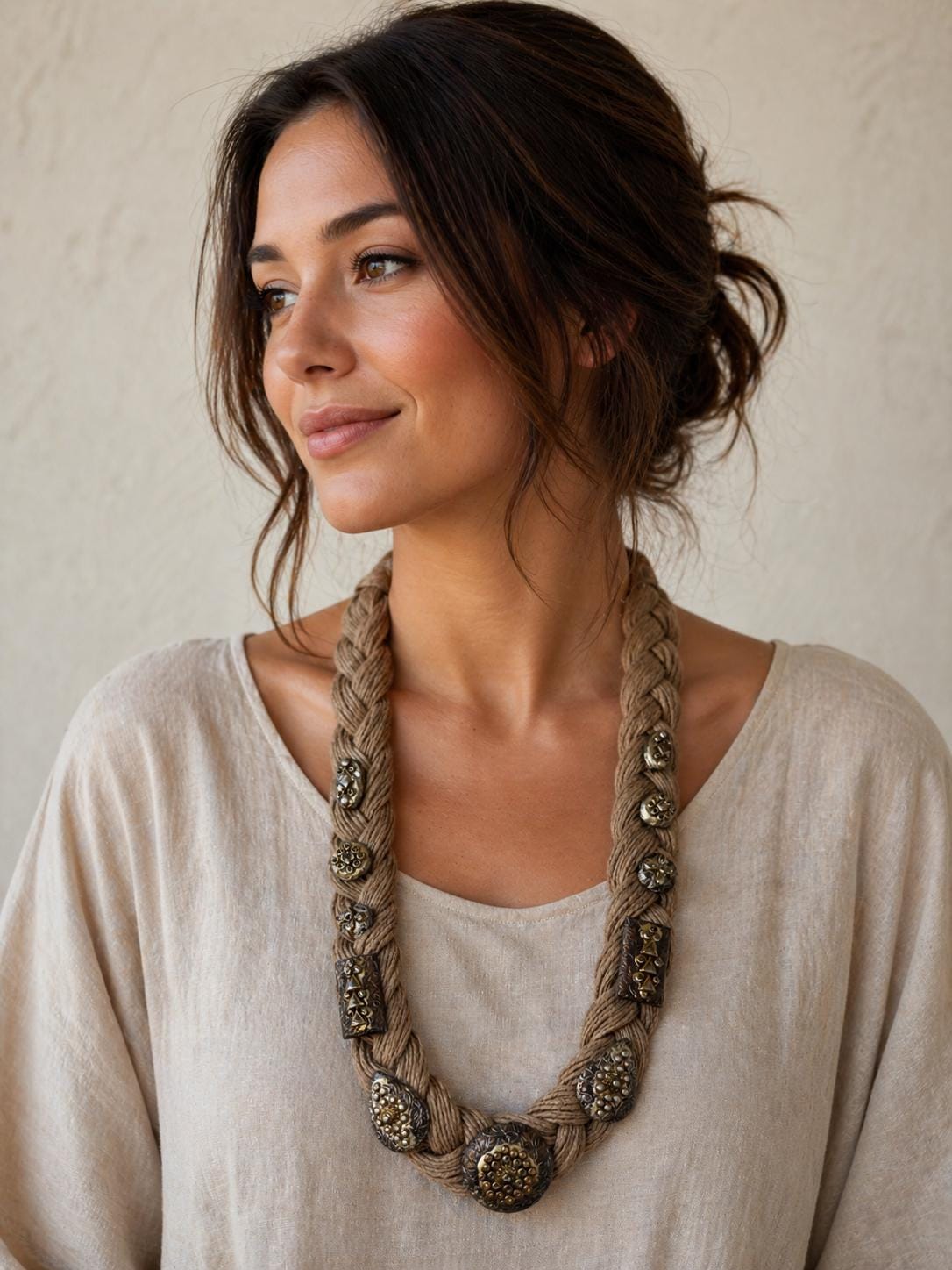 Boho Jute Statement Necklace with Antique Metal & Pearl Accents | Tribal Ethnic Jewelry