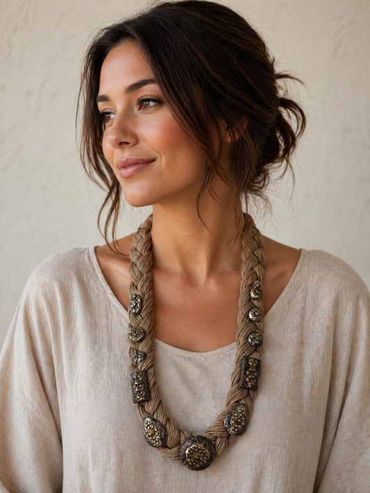 Boho Jute Statement Necklace with Antique Metal & Pearl Accents | Tribal Ethnic Jewelry