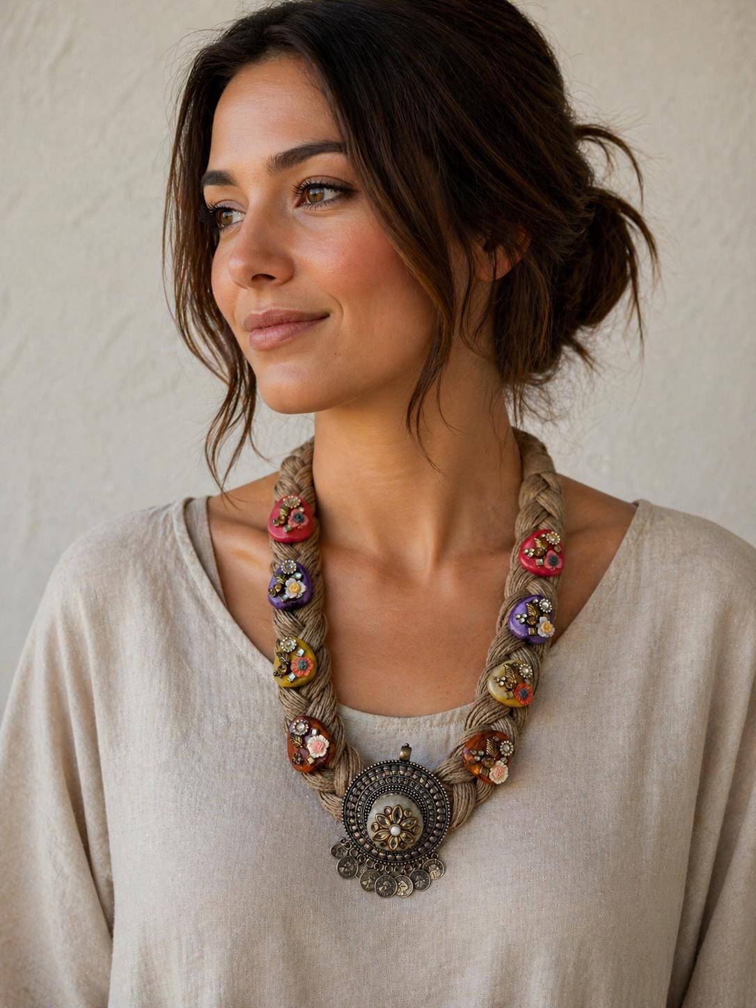 Boho Jute Statement Necklace with Antique Metal & Pearl Accents | Tribal Ethnic Jewelry