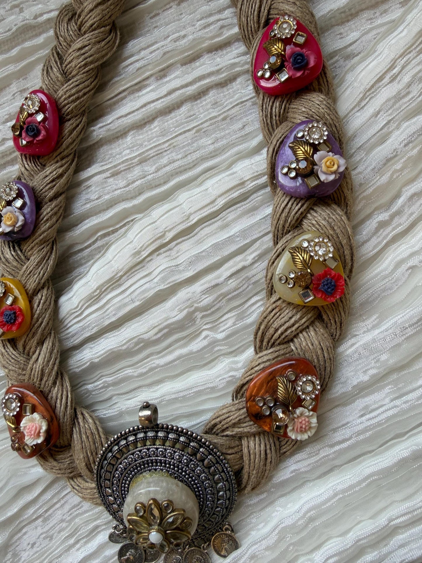 Boho Jute Statement Necklace with Antique Metal & Pearl Accents | Tribal Ethnic Jewelry
