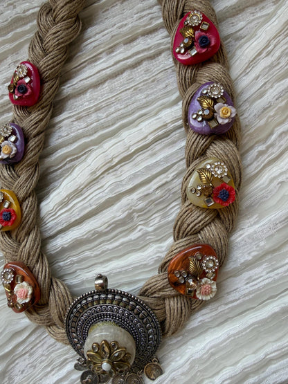 Boho Jute Statement Necklace with Antique Metal & Pearl Accents | Tribal Ethnic Jewelry
