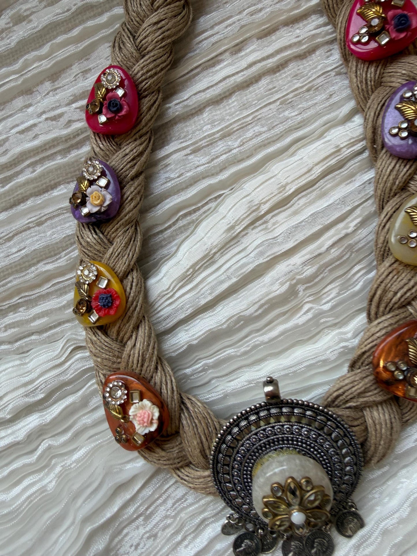 Boho Jute Statement Necklace with Antique Metal & Pearl Accents | Tribal Ethnic Jewelry
