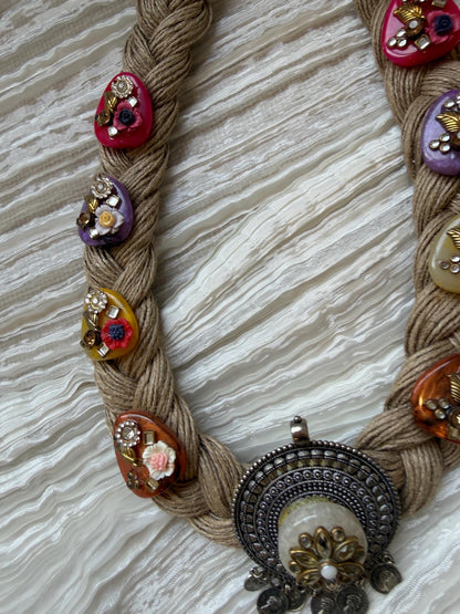 Boho Jute Statement Necklace with Antique Metal & Pearl Accents | Tribal Ethnic Jewelry