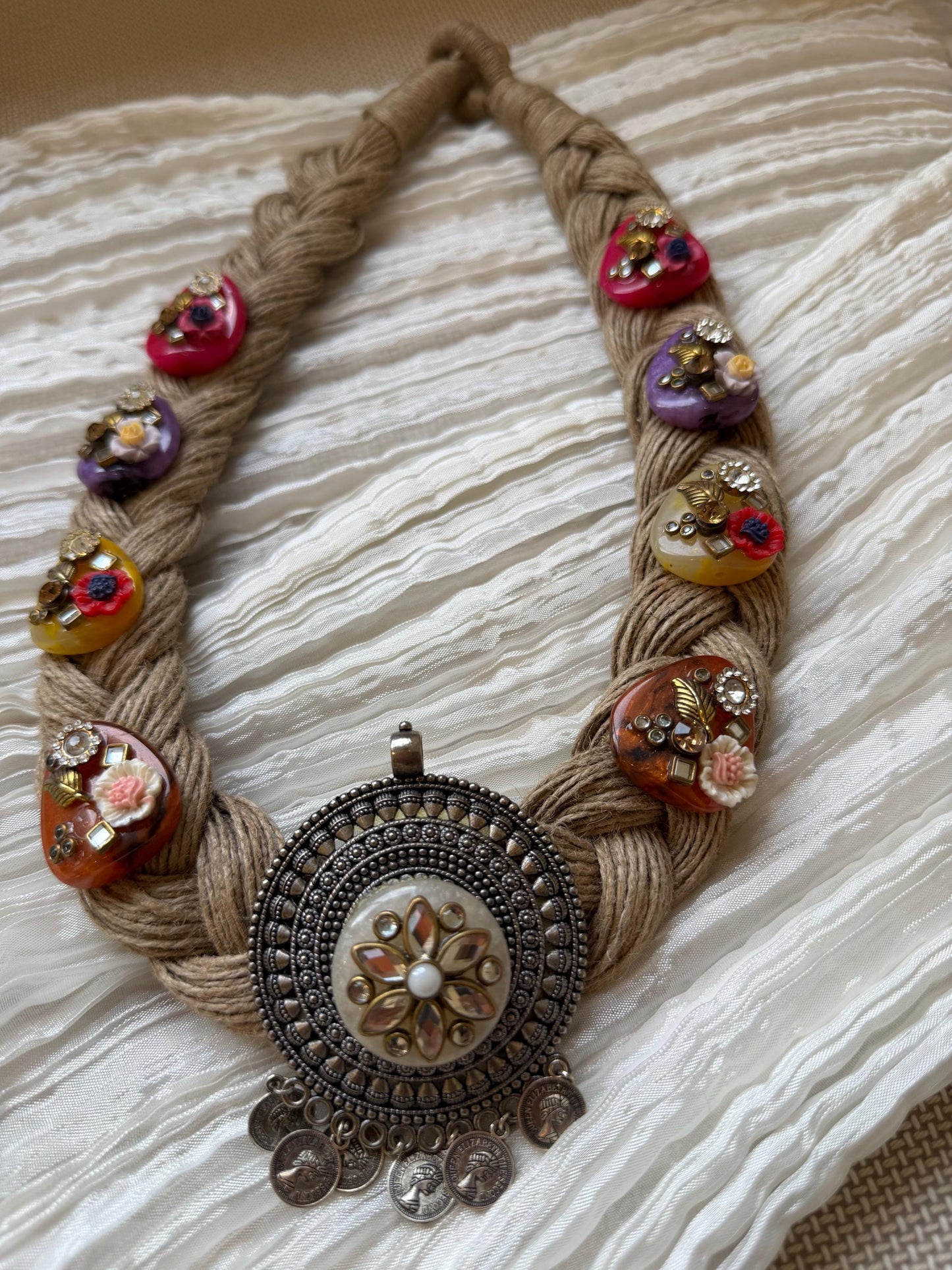 Boho Jute Statement Necklace with Antique Metal & Pearl Accents | Tribal Ethnic Jewelry