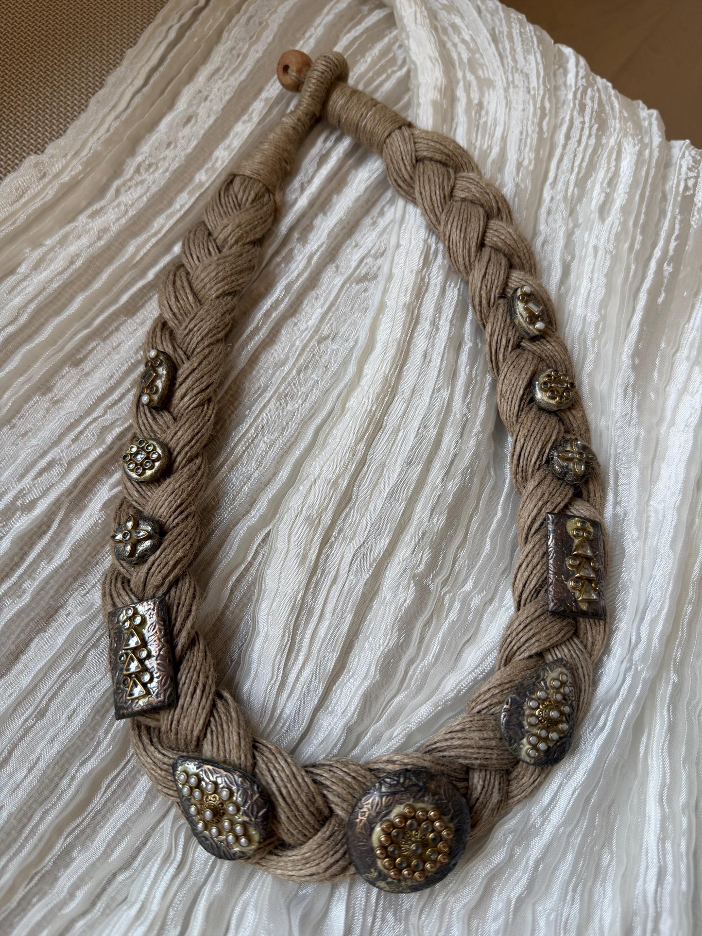 Boho Jute Statement Necklace with Antique Metal & Pearl Accents | Tribal Ethnic Jewelry