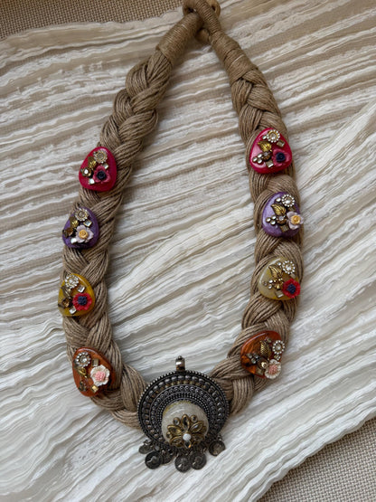 Boho Jute Statement Necklace with Antique Metal & Pearl Accents | Tribal Ethnic Jewelry
