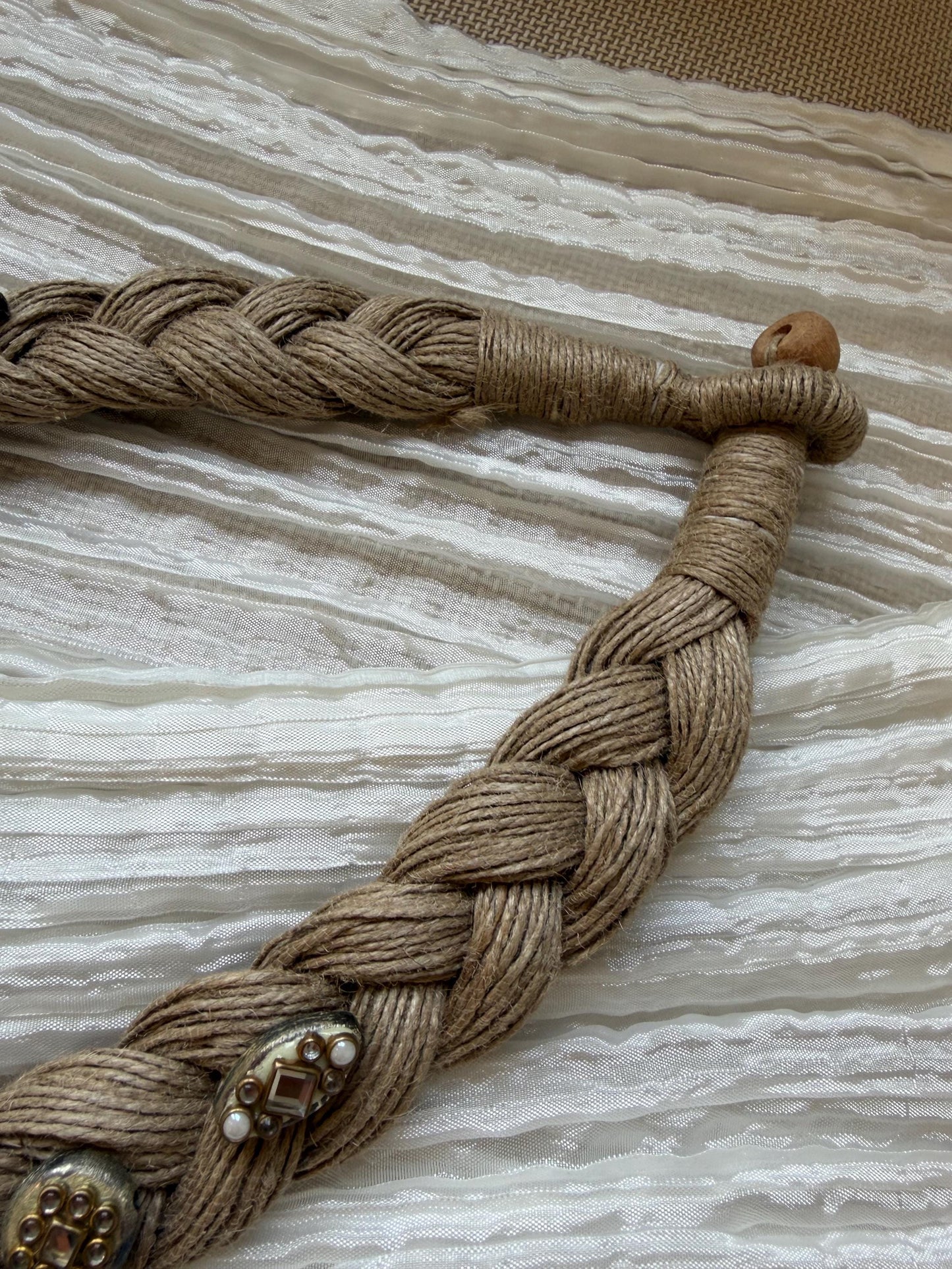 Boho Jute Statement Necklace with Antique Metal & Pearl Accents | Tribal Ethnic Jewelry