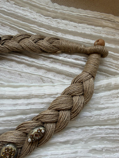 Boho Jute Statement Necklace with Antique Metal & Pearl Accents | Tribal Ethnic Jewelry