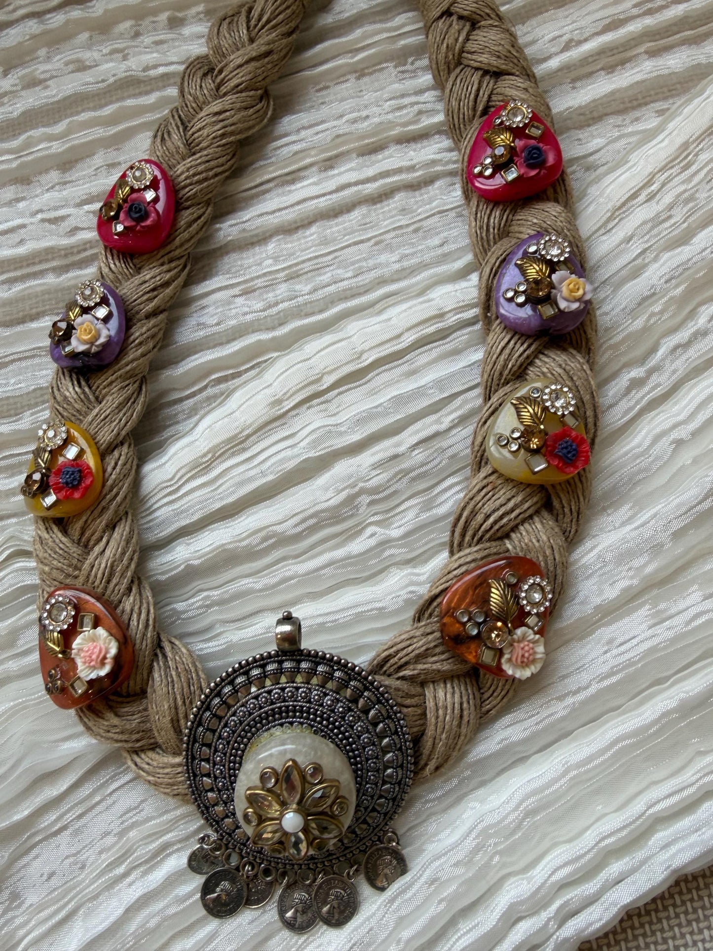 Boho Jute Statement Necklace with Antique Metal & Pearl Accents | Tribal Ethnic Jewelry