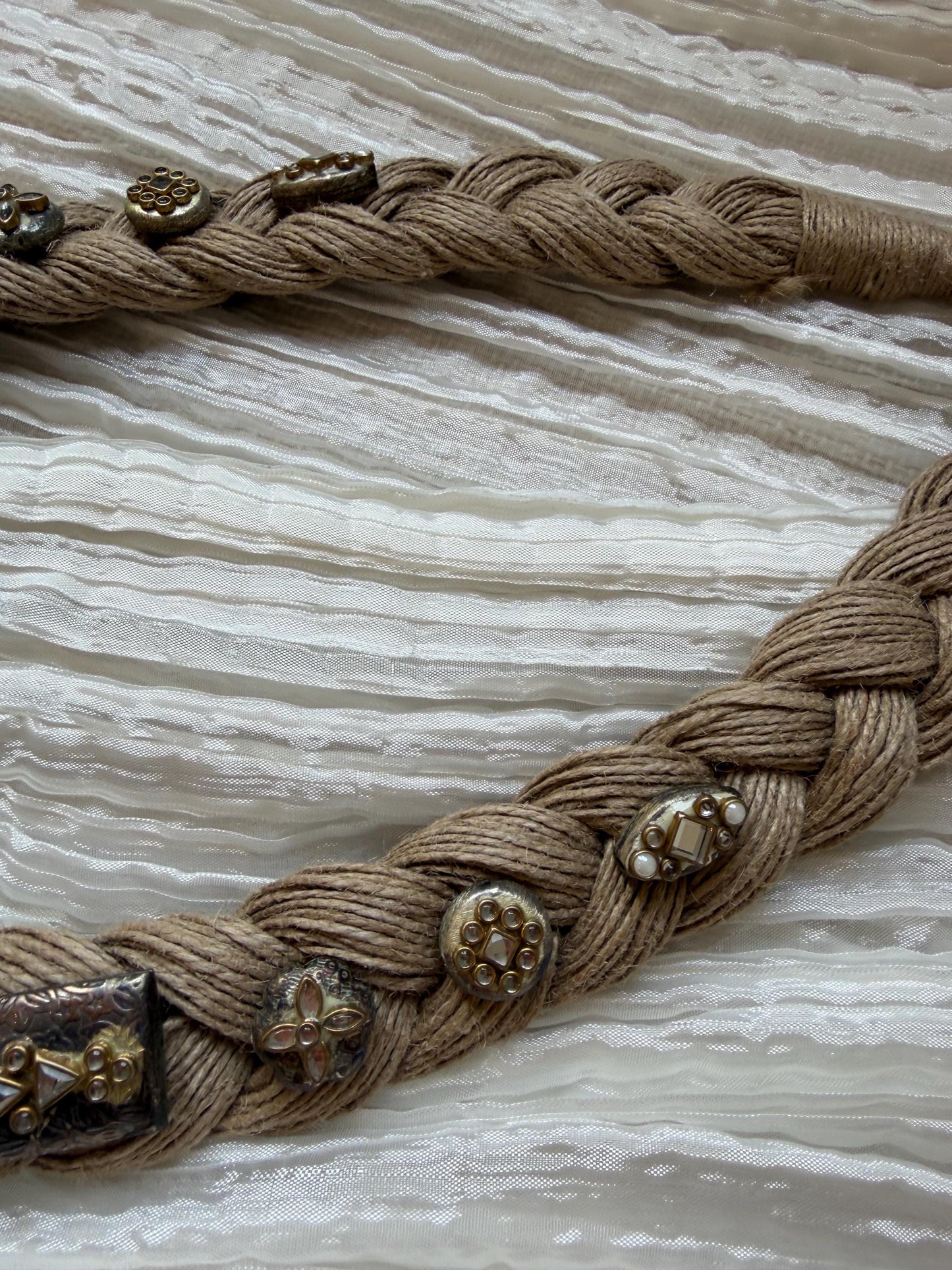 Boho Jute Statement Necklace with Antique Metal & Pearl Accents | Tribal Ethnic Jewelry