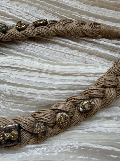 Boho Jute Statement Necklace with Antique Metal & Pearl Accents | Tribal Ethnic Jewelry