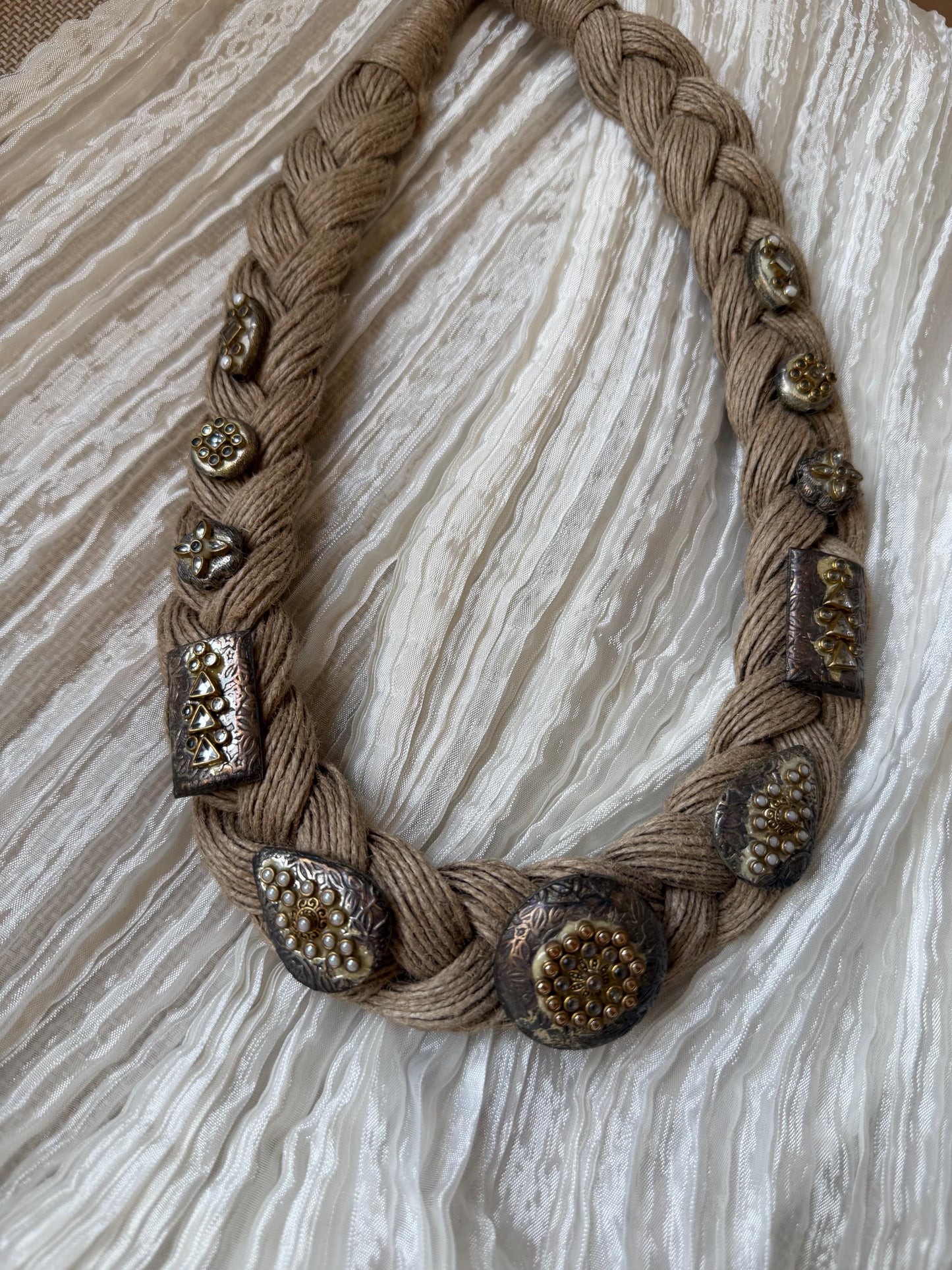 Boho Jute Statement Necklace with Antique Metal & Pearl Accents | Tribal Ethnic Jewelry