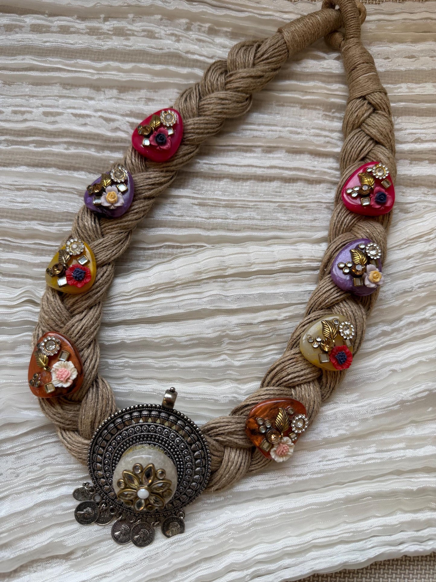 Boho Jute Statement Necklace with Antique Metal & Pearl Accents | Tribal Ethnic Jewelry