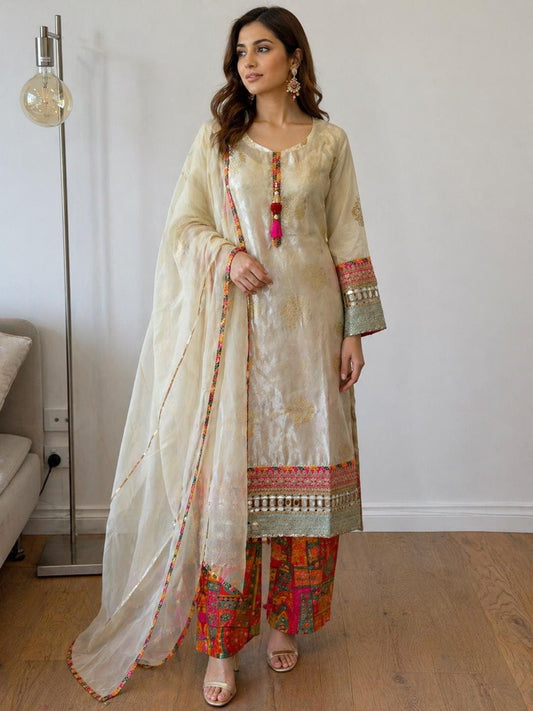 Elegant Cream Tissue Silk Suit Set with Brocade Pants & Organza Dupatta