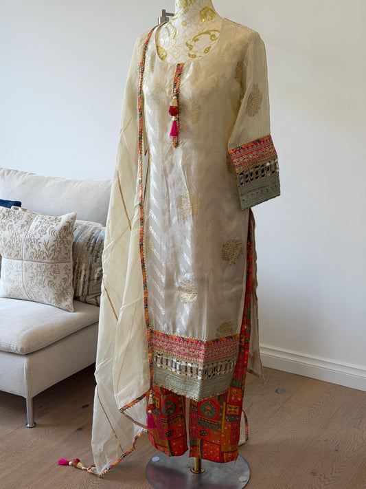 Elegant Cream Tissue Silk Suit Set with Brocade Pants & Organza Dupatta