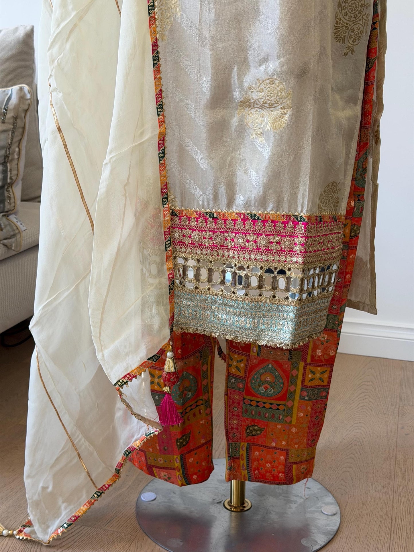 Elegant Cream Tissue Silk Suit Set with Brocade Pants & Organza Dupatta
