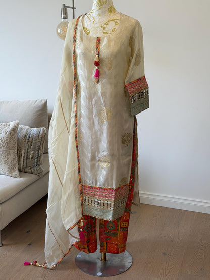 Elegant Cream Tissue Silk Suit Set with Brocade Pants & Organza Dupatta