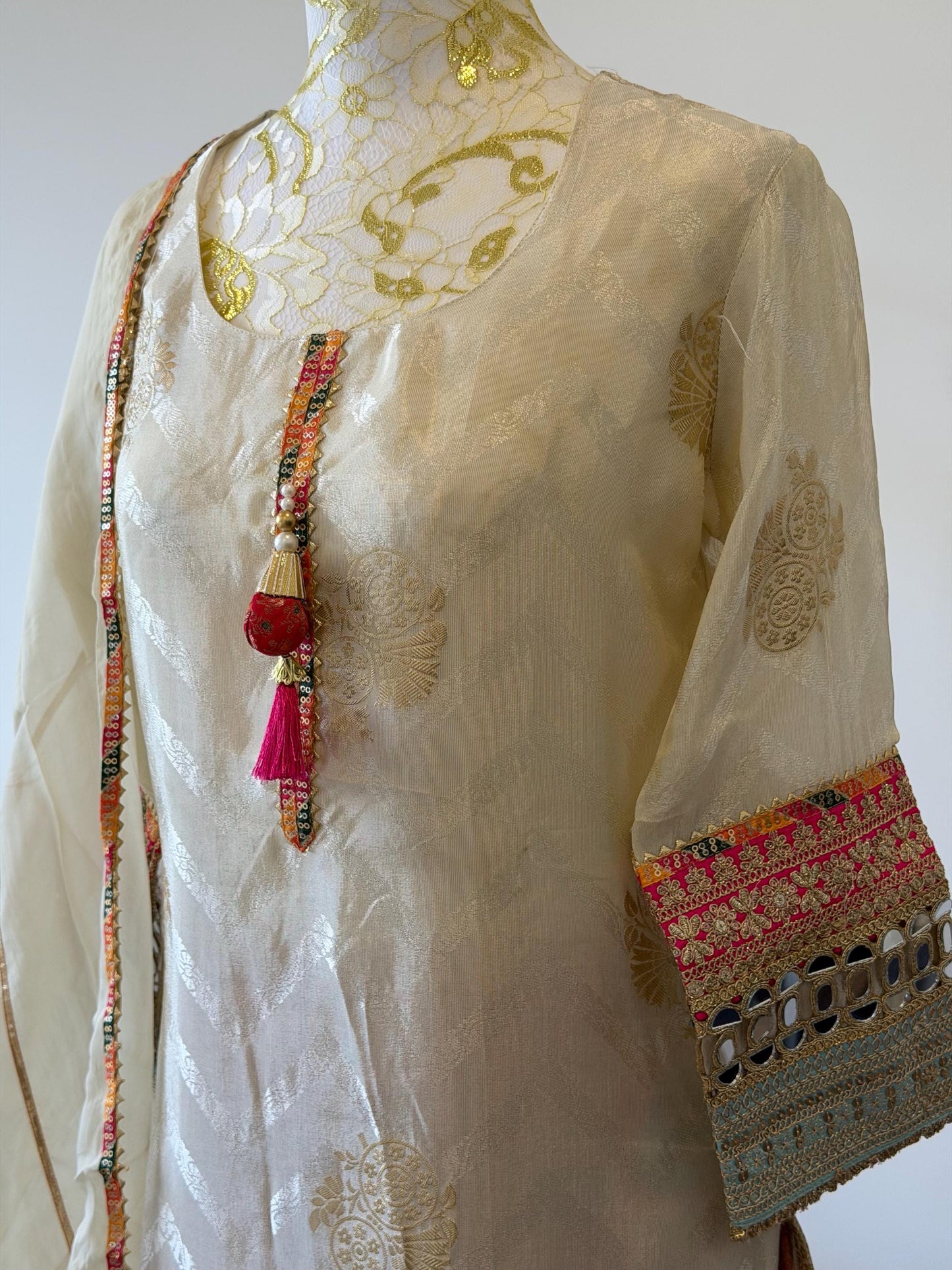 Elegant Cream Tissue Silk Suit Set with Brocade Pants & Organza Dupatta