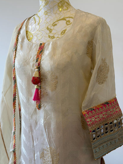 Elegant Cream Tissue Silk Suit Set with Brocade Pants & Organza Dupatta