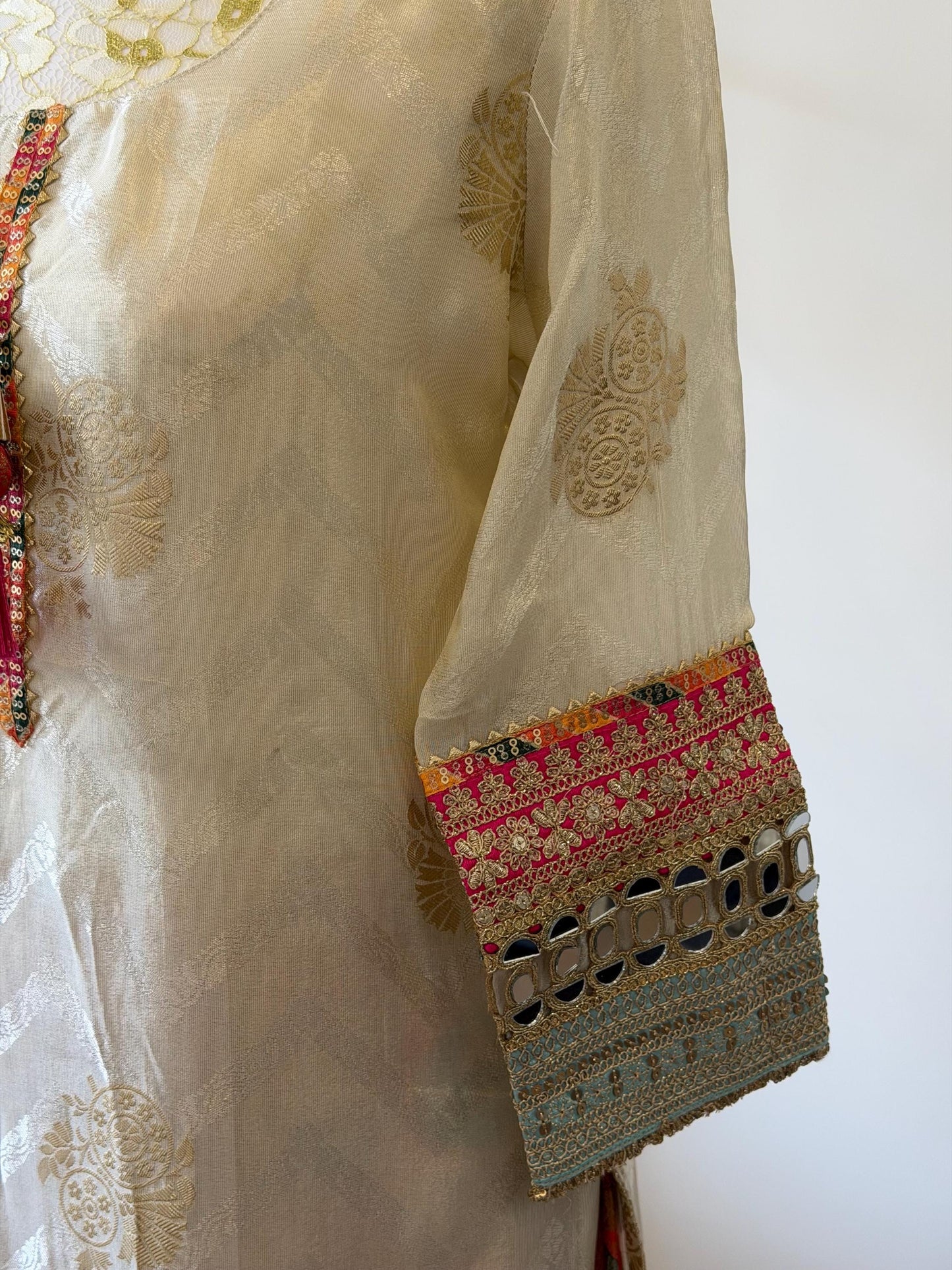 Elegant Cream Tissue Silk Suit Set with Brocade Pants & Organza Dupatta