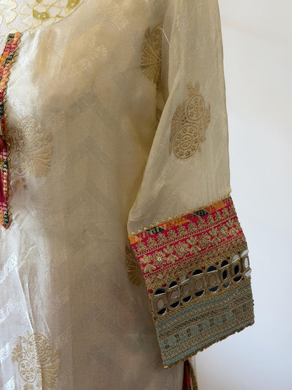Elegant Cream Tissue Silk Suit Set with Brocade Pants & Organza Dupatta