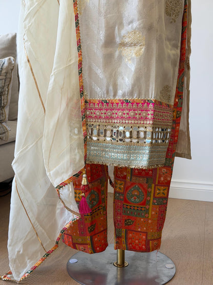 Elegant Cream Tissue Silk Suit Set with Brocade Pants & Organza Dupatta