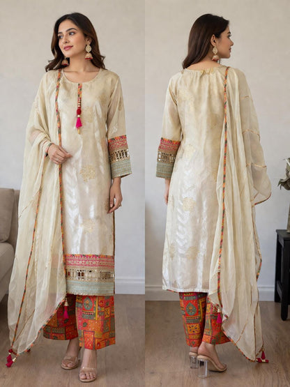 Elegant Cream Tissue Silk Suit Set with Brocade Pants & Organza Dupatta