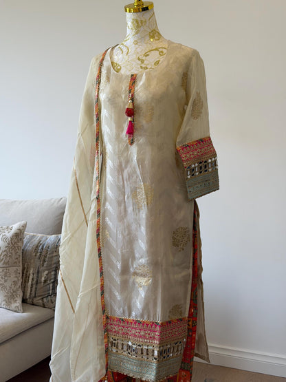 Elegant Cream Tissue Silk Suit Set with Brocade Pants & Organza Dupatta
