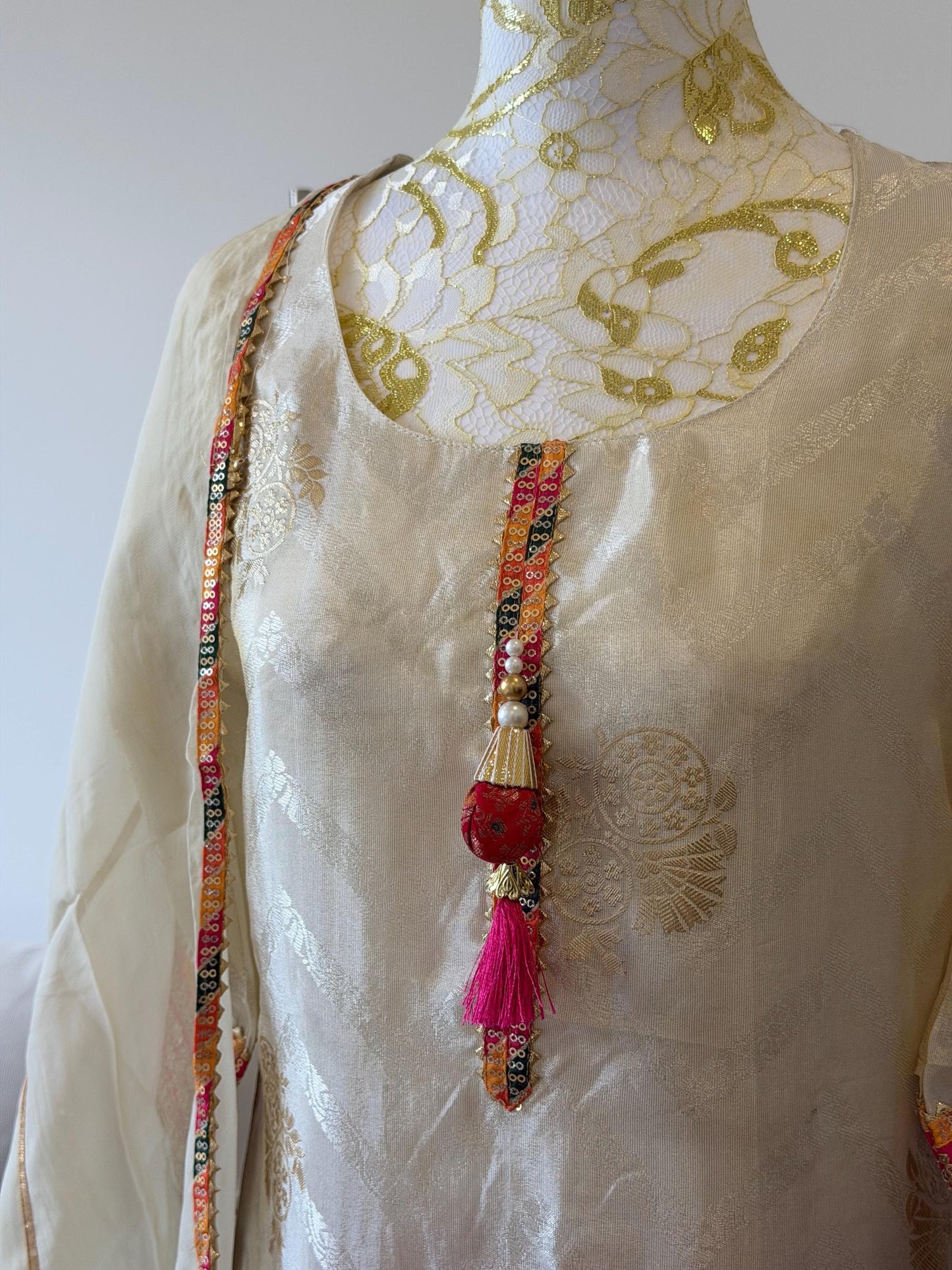Elegant Cream Tissue Silk Suit Set with Brocade Pants & Organza Dupatta