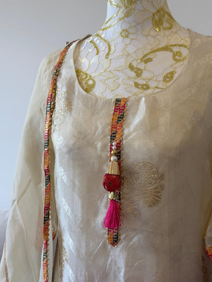Elegant Cream Tissue Silk Suit Set with Brocade Pants & Organza Dupatta