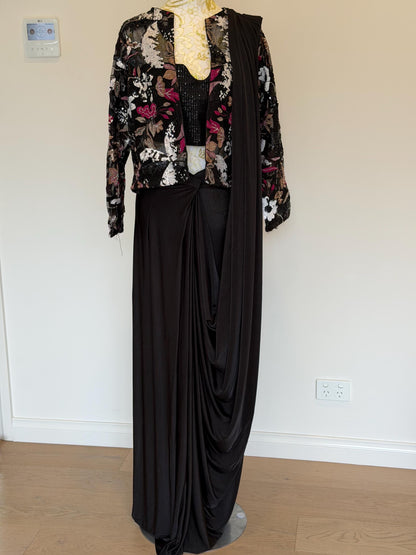 Black Lycra Pre-Draped Saree with Sequin Blouse & Net Jacket