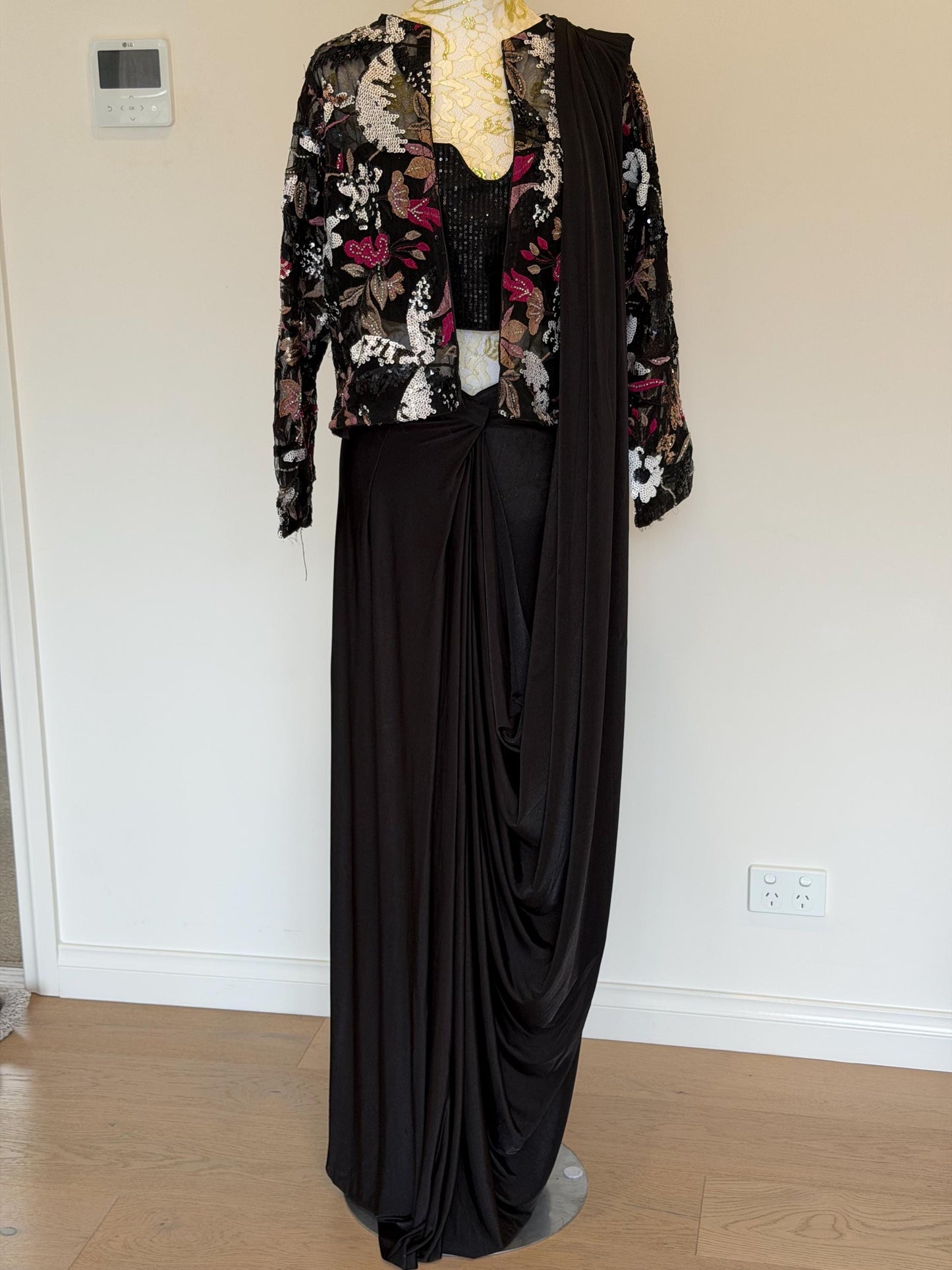 Black Lycra Pre-Draped Saree with Sequin Blouse & Net Jacket