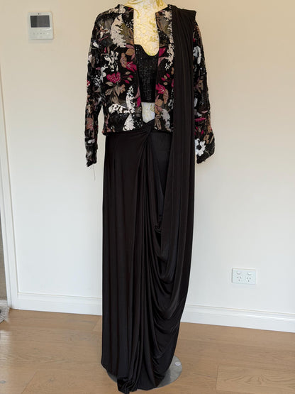 Black Lycra Pre-Draped Saree with Sequin Blouse & Net Jacket