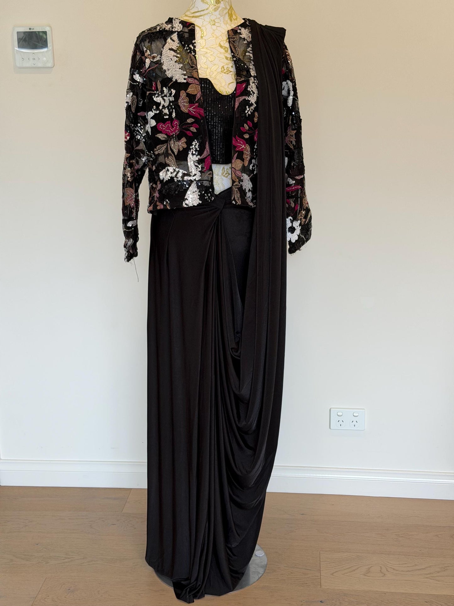 Black Lycra Pre-Draped Saree with Sequin Blouse & Net Jacket