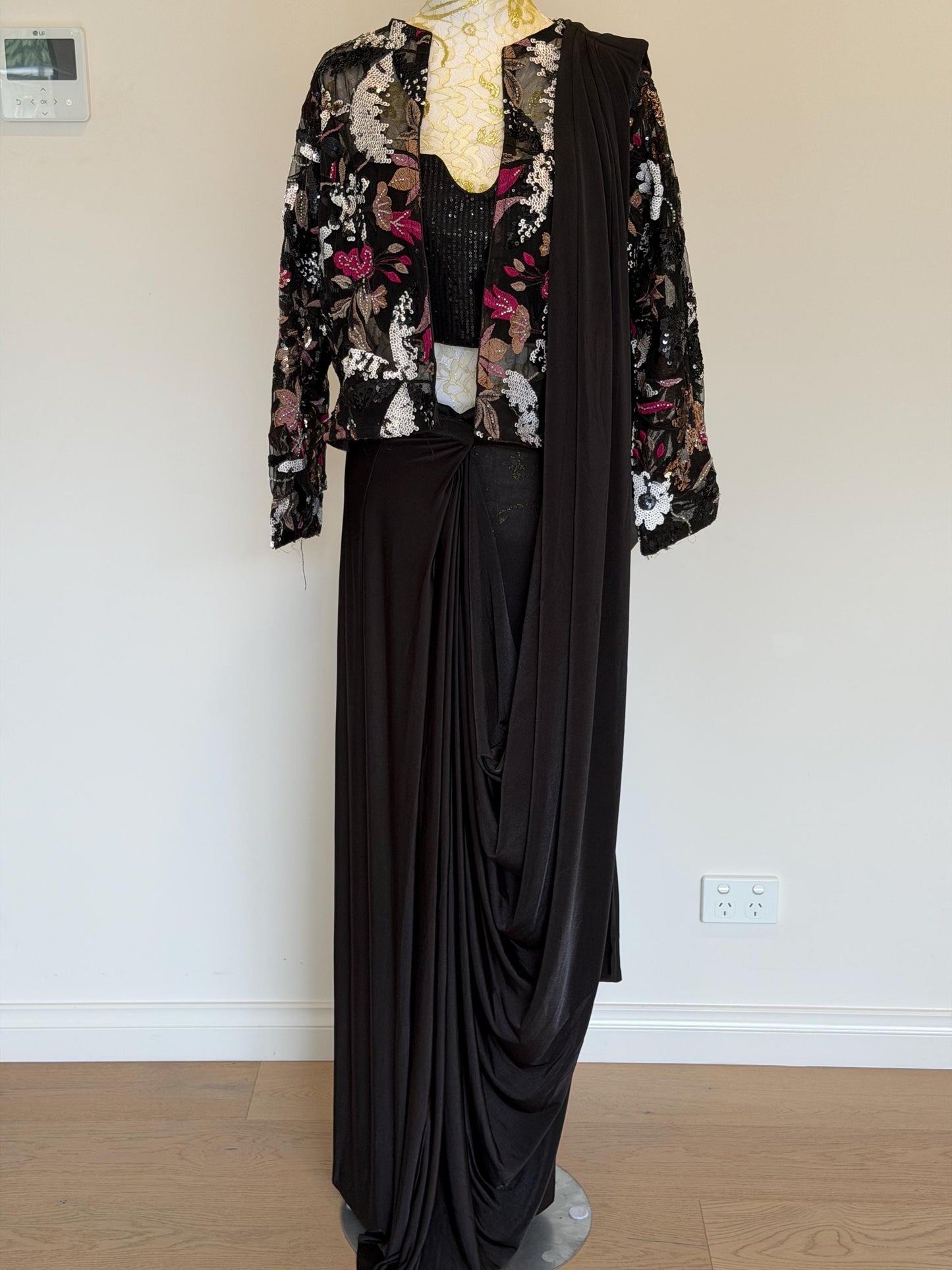 Black Lycra Pre-Draped Saree with Sequin Blouse & Net Jacket