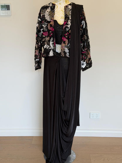 Black Lycra Pre-Draped Saree with Sequin Blouse & Net Jacket