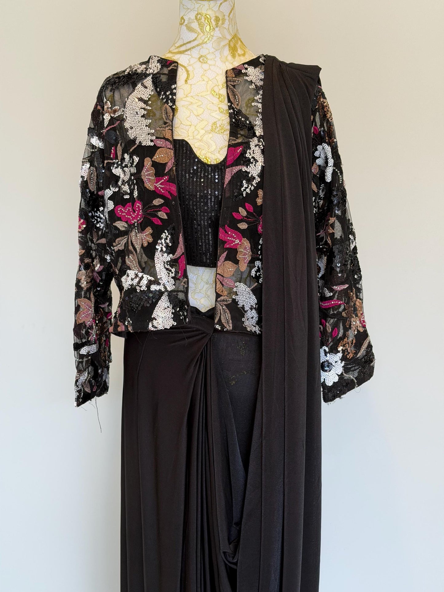 Black Lycra Pre-Draped Saree with Sequin Blouse & Net Jacket