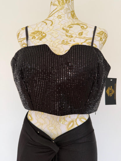 Black Lycra Pre-Draped Saree with Sequin Blouse & Net Jacket