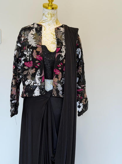 Black Lycra Pre-Draped Saree with Sequin Blouse & Net Jacket