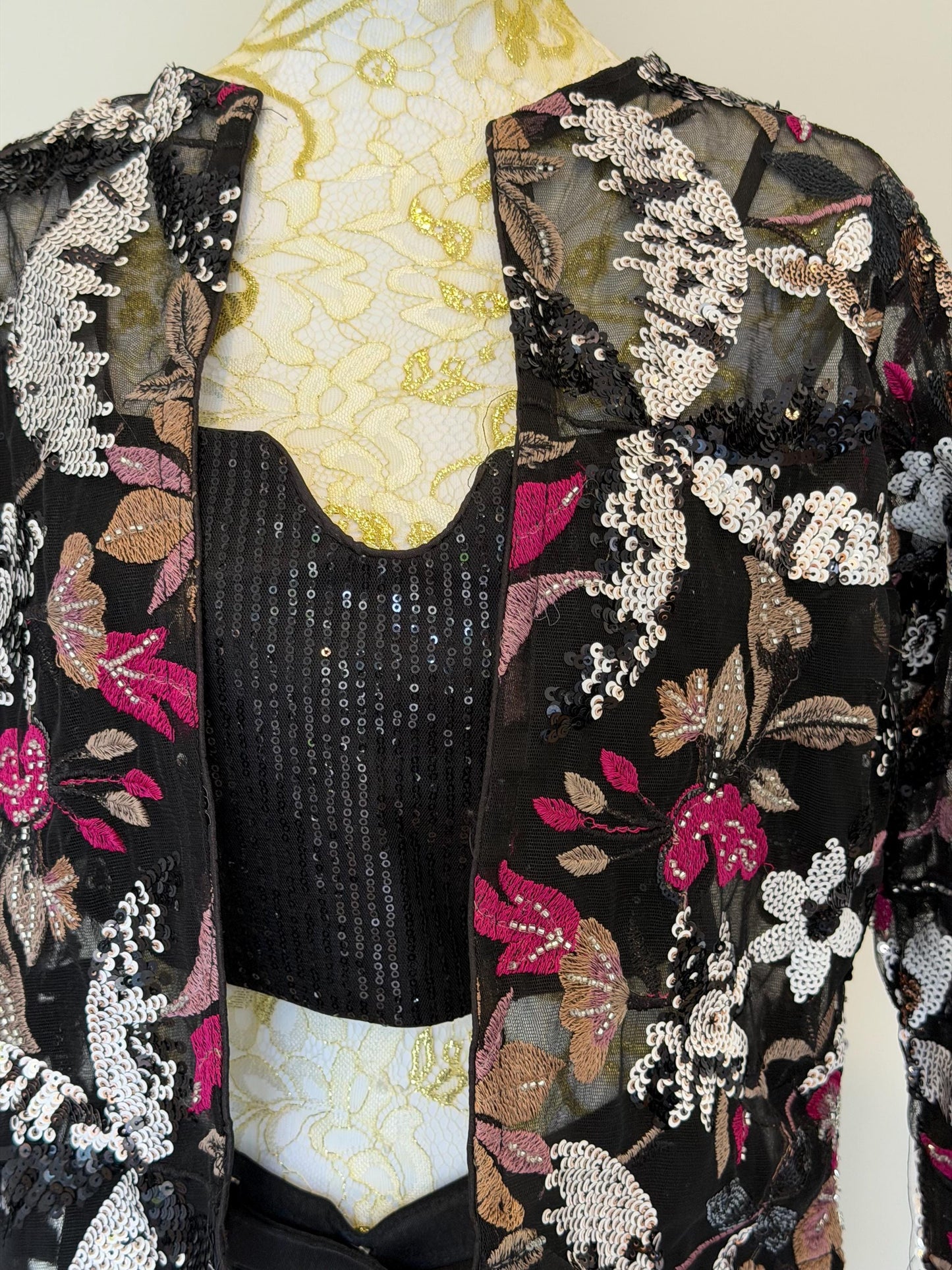 Black Lycra Pre-Draped Saree with Sequin Blouse & Net Jacket