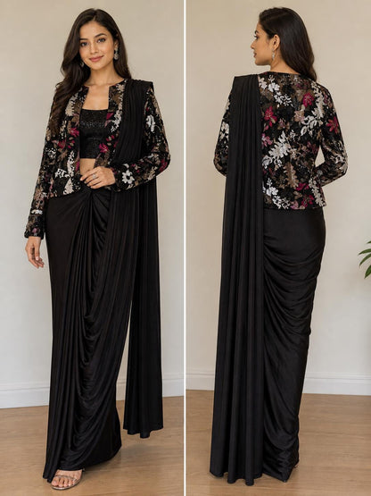 Black Lycra Pre-Draped Saree with Sequin Blouse & Net Jacket