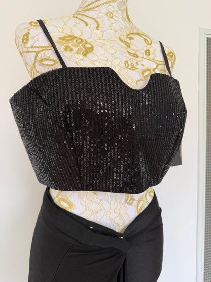 Black Lycra Pre-Draped Saree with Sequin Blouse & Net Jacket