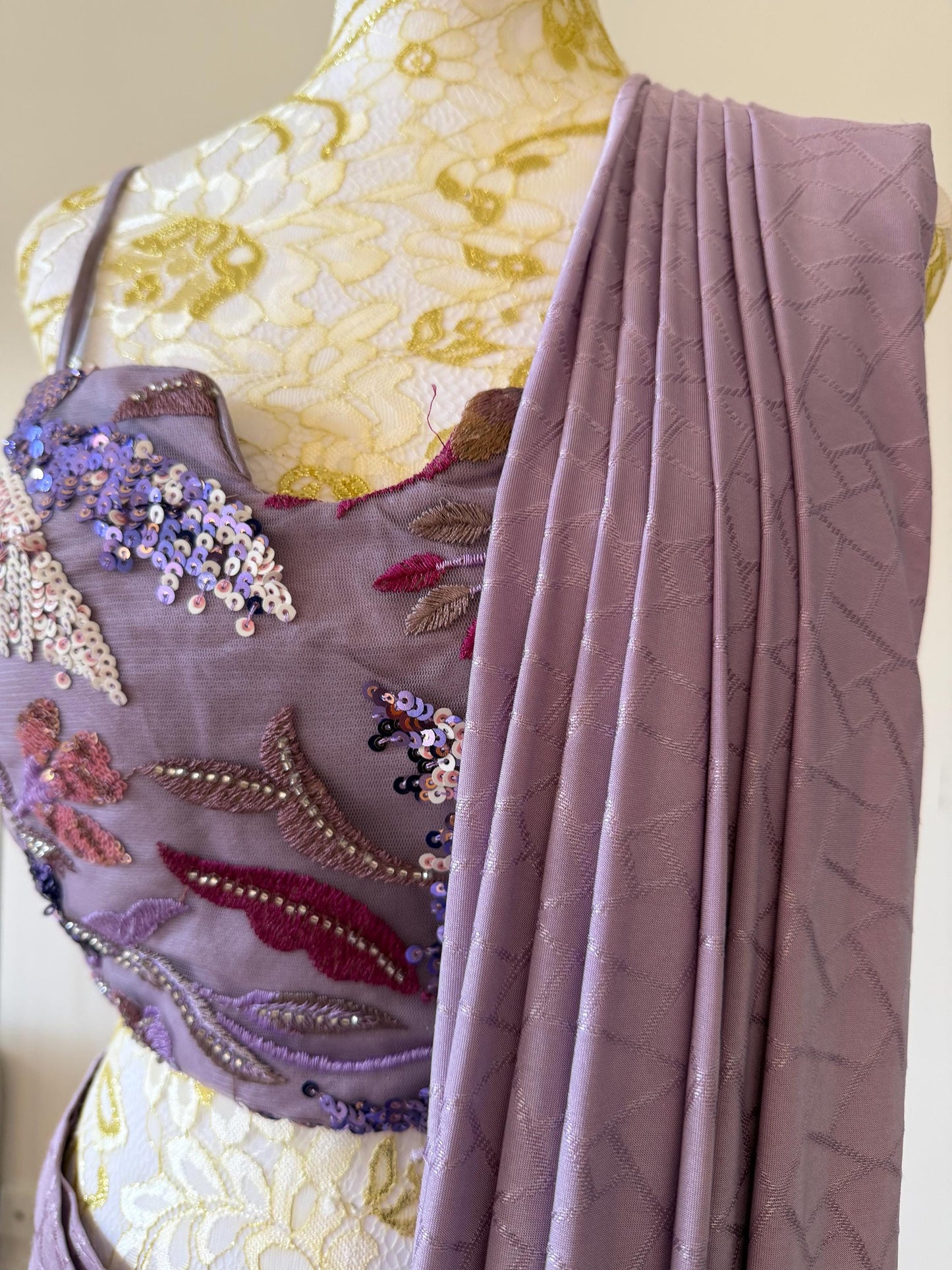 Dusty Lavender Pre-Draped Saree Set