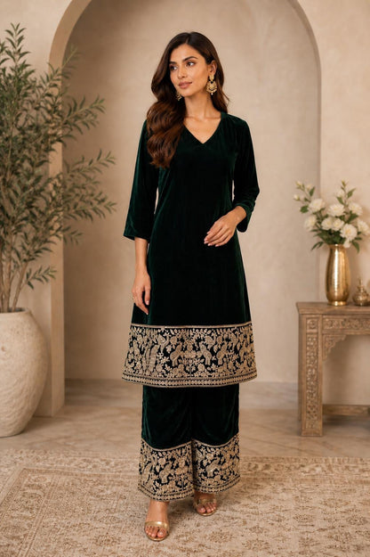 Emerald Green Velvet Kurta Set | Embroidered Pants | Festive Indo Western Wear