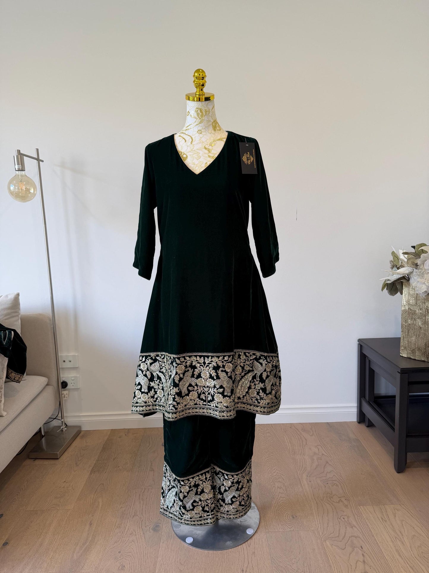 Emerald Green Velvet Kurta Set | Embroidered Pants | Festive Indo Western Wear