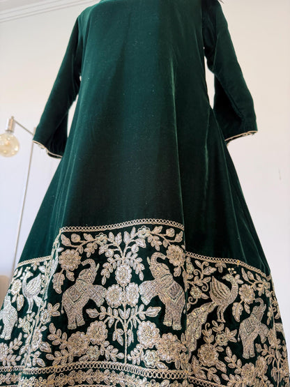 Emerald Green Velvet Kurta Set | Embroidered Pants | Festive Indo Western Wear