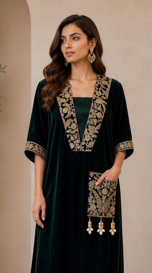 Emerald Green Velvet Choga Kaftan Dress
