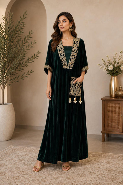 Emerald Green Velvet Choga Kaftan Dress