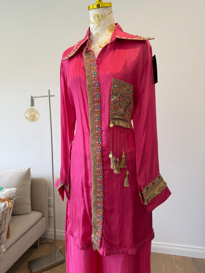 Pink Silk Boho Coord Set | Mirror Work Embroidered Indo Western Outfit